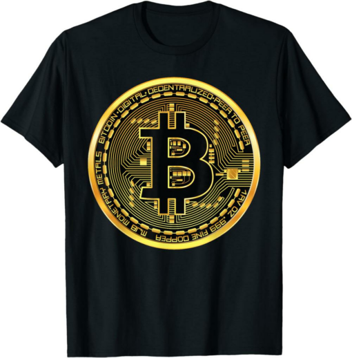 Bitcoin T-Shirt Crypto Currency Btc Block Chain Techie Gold