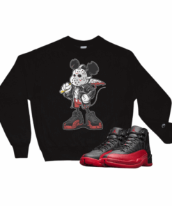 Jordan 12 Flu Game Mickey Mask black  Lacing up X Champion crewneck sweater