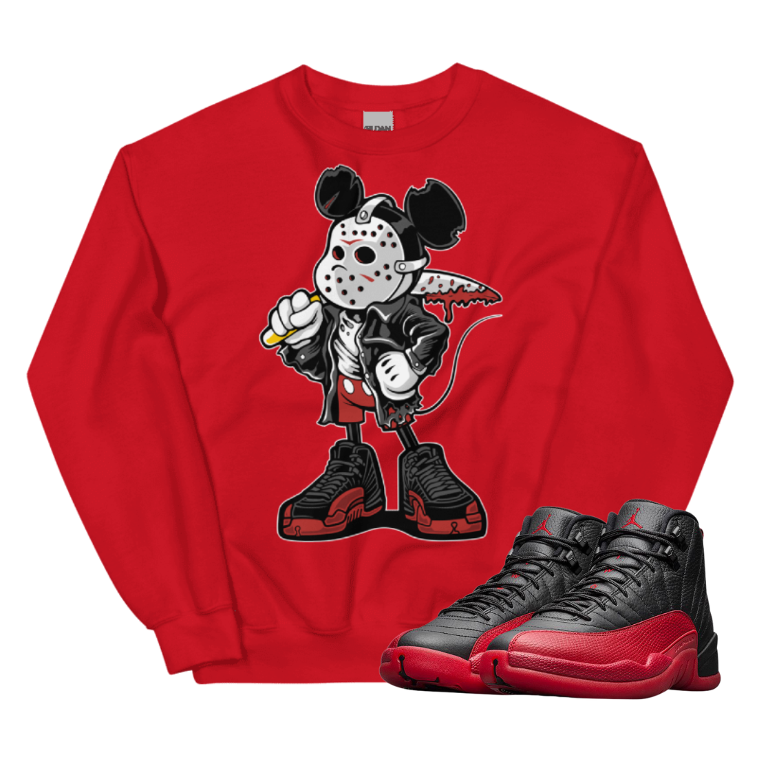 Jordan 12 Flu Game Mickey Mask red sweater Jordan 12 Flu Game Mickey Mask red sweater
