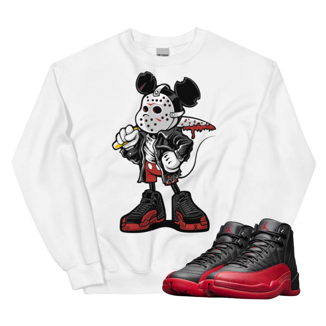 Jordan 12 Flu Game Mickey Mask white crewneck sweater Jordan 12 Flu Game Mickey Mask white crewneck sweater