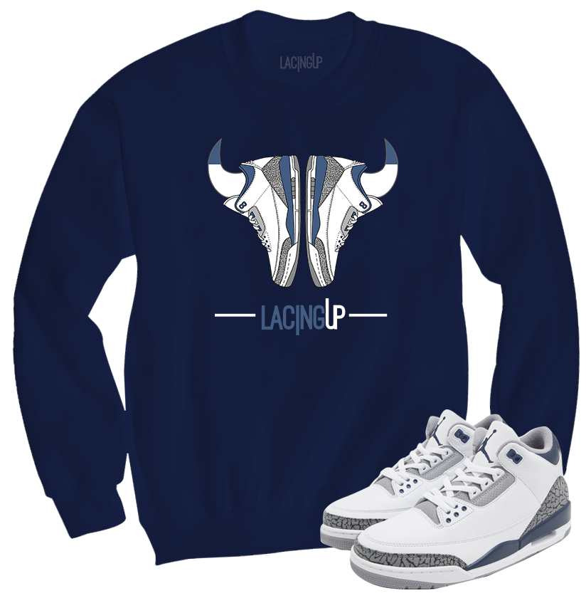 Jordan 3 white navy cement navy horns crewneck sweater Jordan 3 white navy cement navy horns crewneck sweater